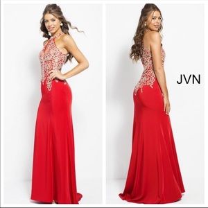 Size 16 Red Gold Embroidered Lace Halter Gown